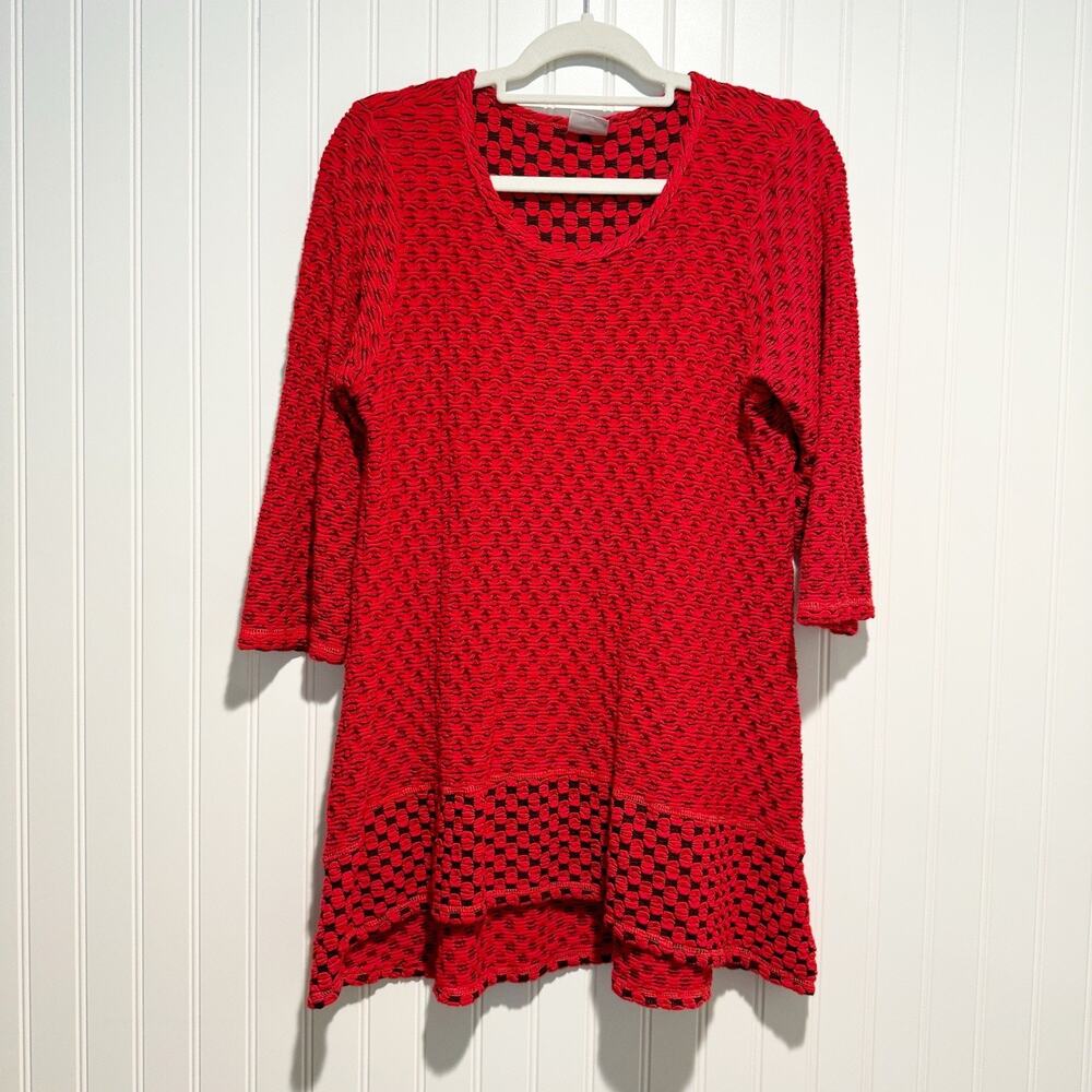 CMC Color Me Cotton Lagenlook Blouse Red Black Stretchy Knit Size Large